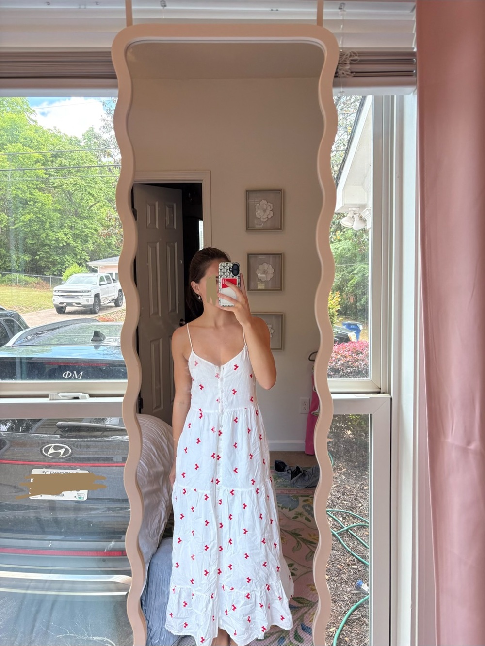 Spirit of Grace White Spaghetti-Strap Maxi Dress with Red Embroidery